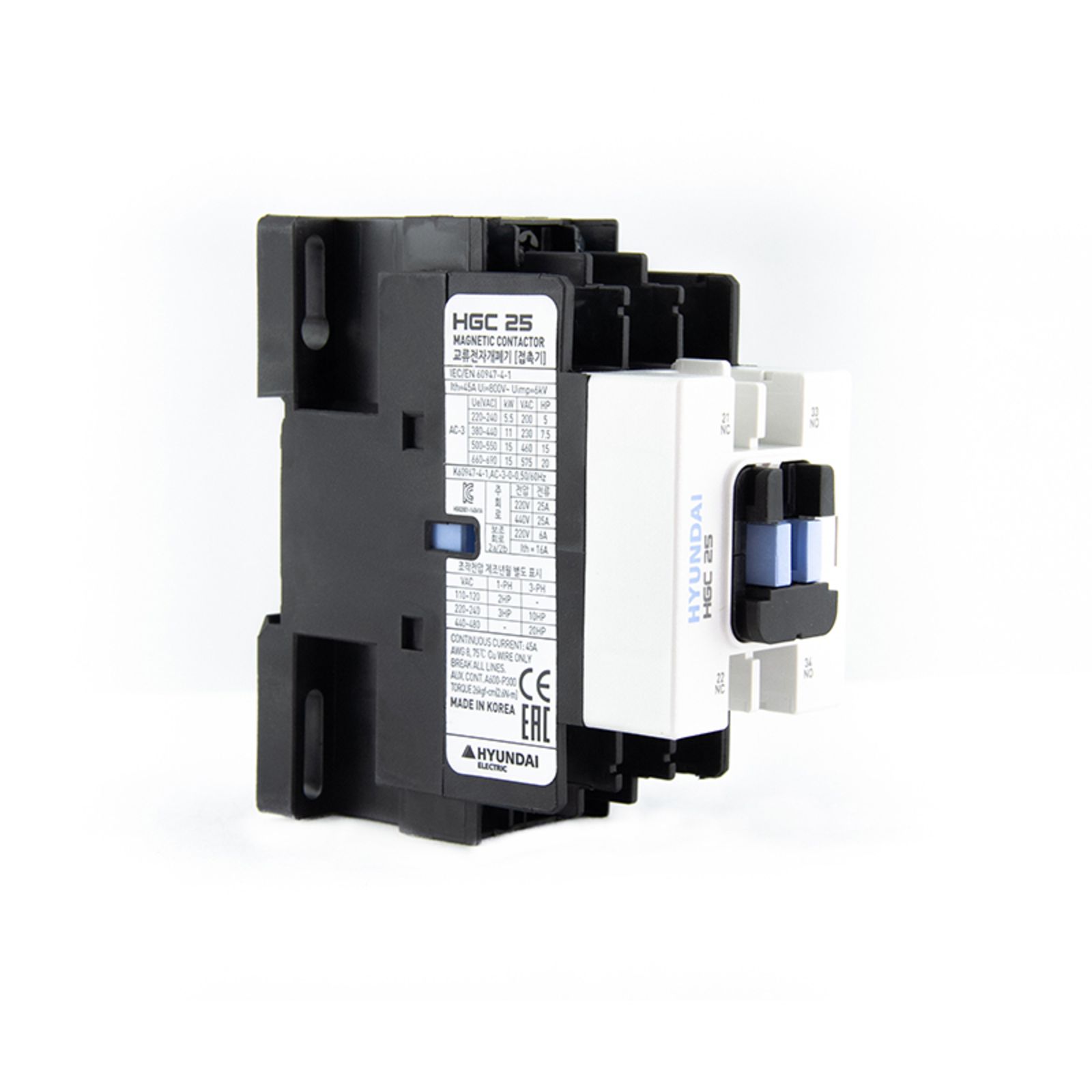 Магнитный контактор HGC25 11NS X220 25А 11 кВт при АС3 (380-440В) кат. 220B 1НО+1НЗ